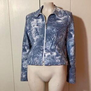 Bogato International Toile de Jouy Blue & White Print Zip Front Blazer Size 8